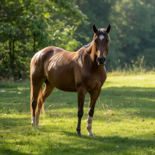 Un cheval blessé à une jambe avec un pansement