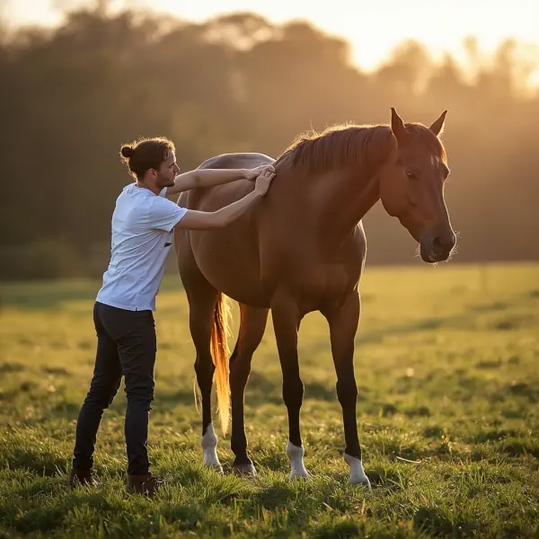 Soins ostéopathe en cours sur cheval